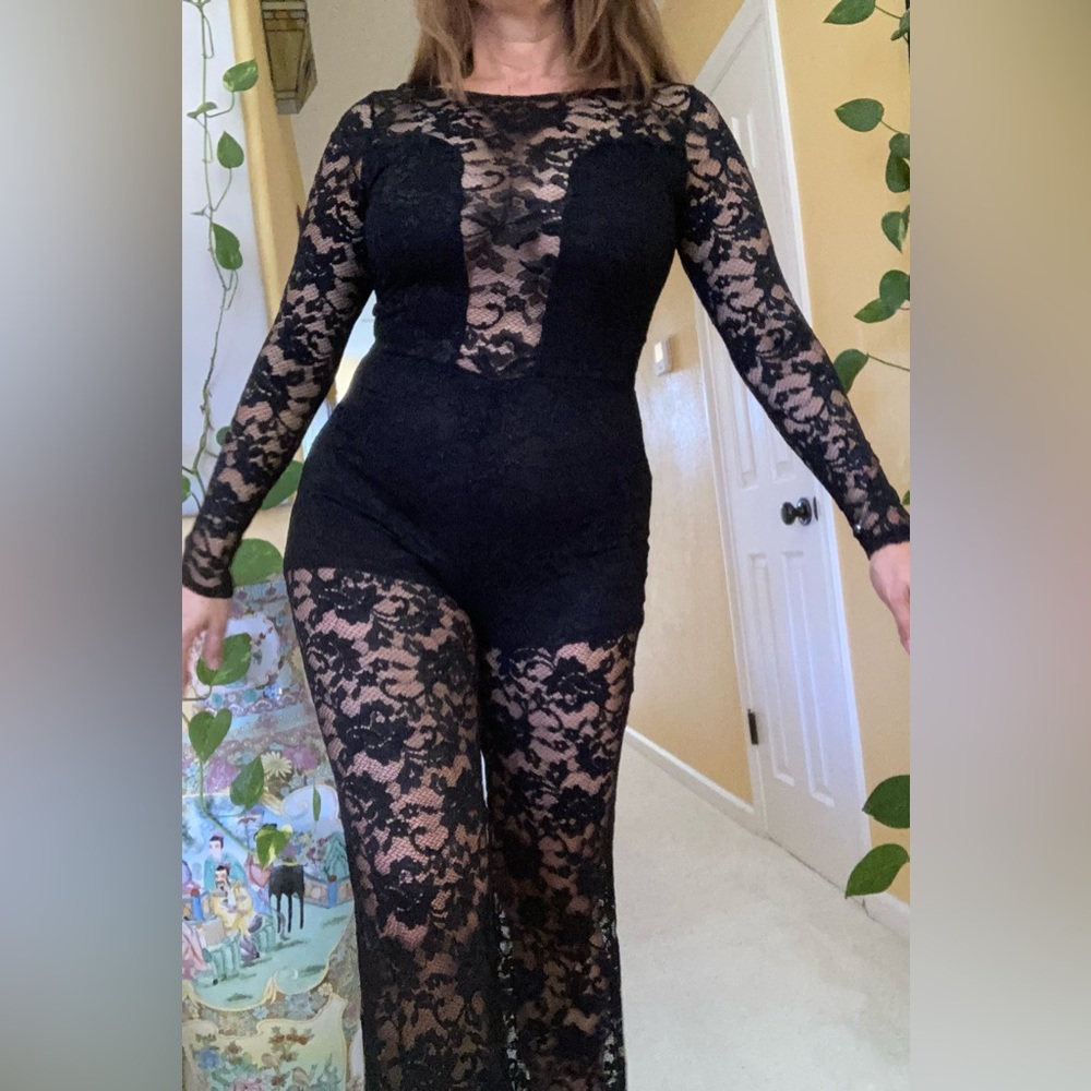 Lix Vintage Long sleeve charming Jumpsuit, Size Medium Women, black stretch knit